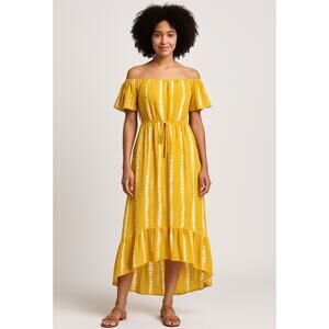 Blue Island Women’s Off Shoulder Yellow Tie Dye Dress Size L Boho Ruffle Hem